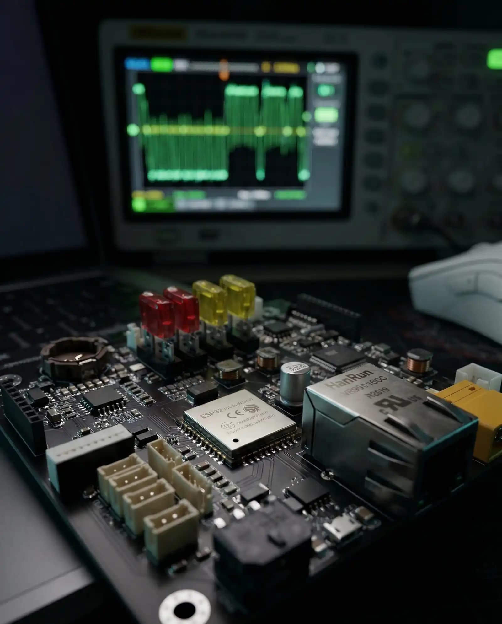 Ultra-macro photograph of a custom ESP32 printed circuit board with cinematic studio lighting