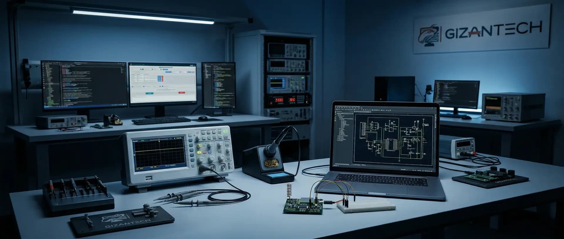 Cinematic wide-angle shot of GizanTech's modern electronics engineering lab — dark moody blue ambient lighting, oscilloscope, soldering station, and laptop showing circuit diagrams on a clean workbench