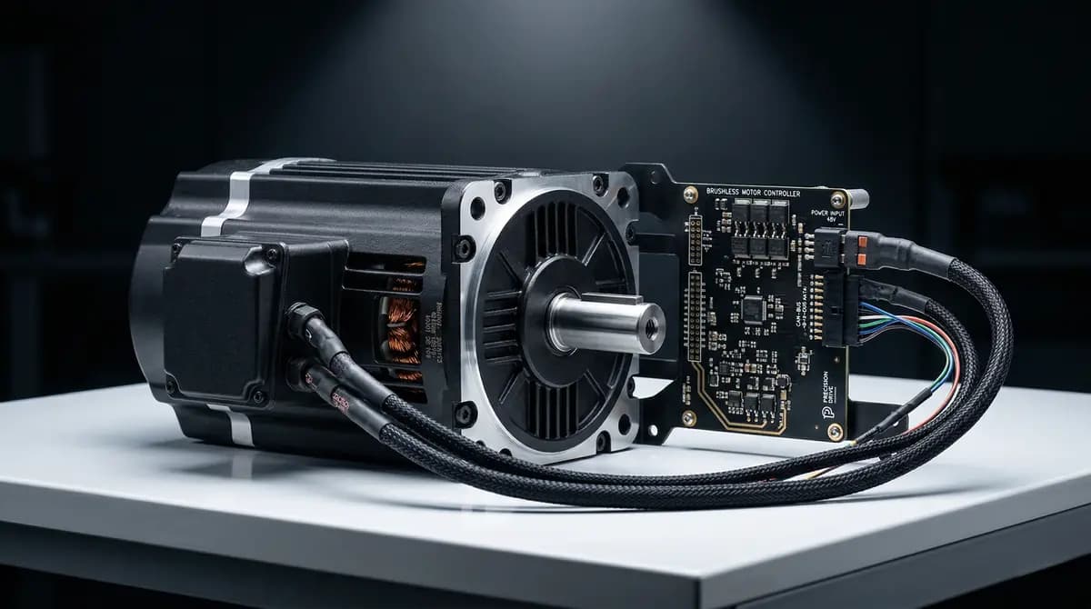 Heavy-duty industrial brushless motor connected to a custom ESP32 control board — dramatic studio spotlighting on clean white lab bench