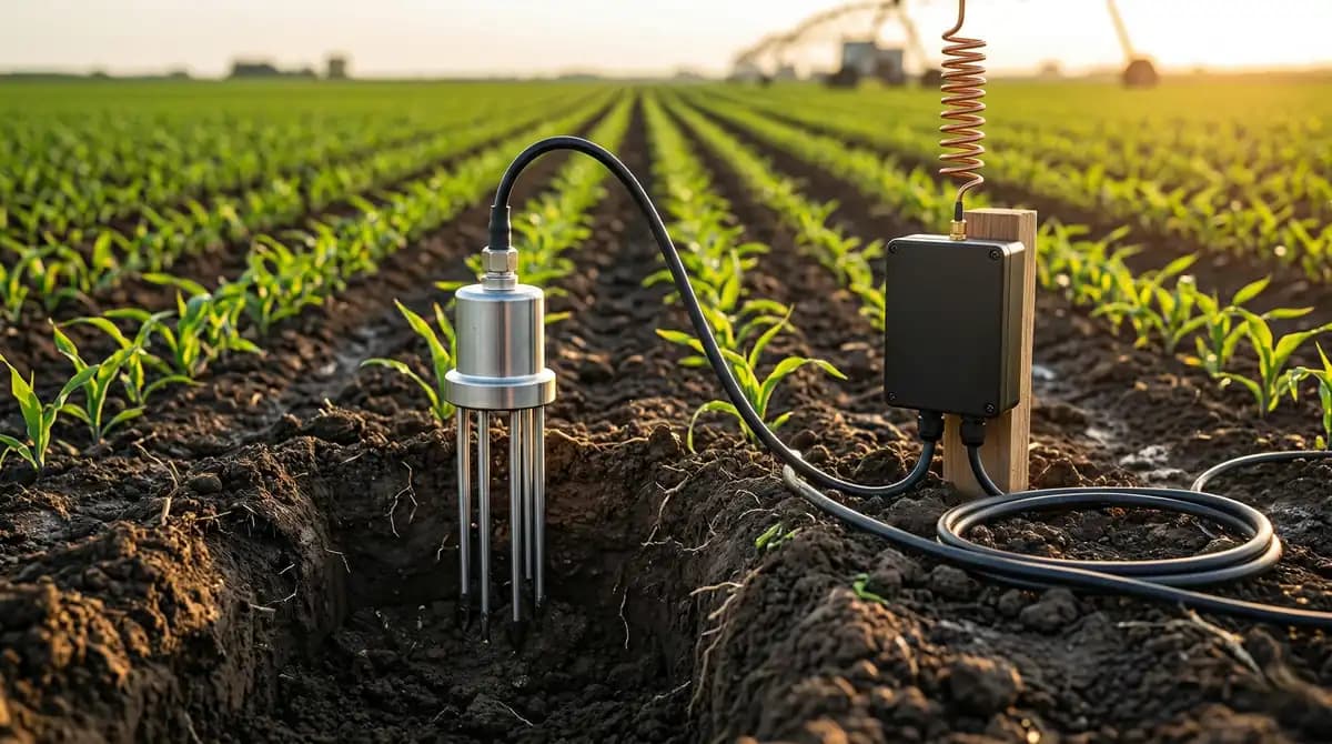 High-tech metallic soil sensor embedded in agricultural earth connected to a matte black waterproof LoRaWAN gateway — golden hour professional agri-tech photography