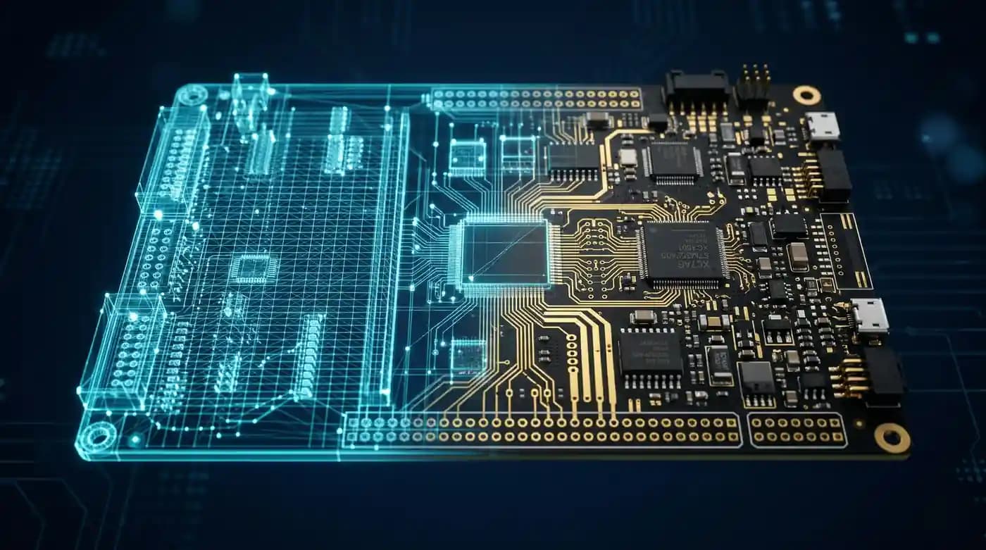 3D CAD wireframe transitioning to a physical custom black and gold ESP32 PCB — high-tech futuristic engineering render